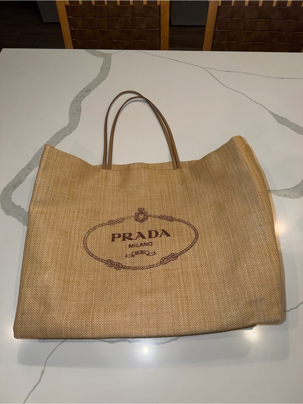 Prada Beige Raffia Tote with Brown Handles